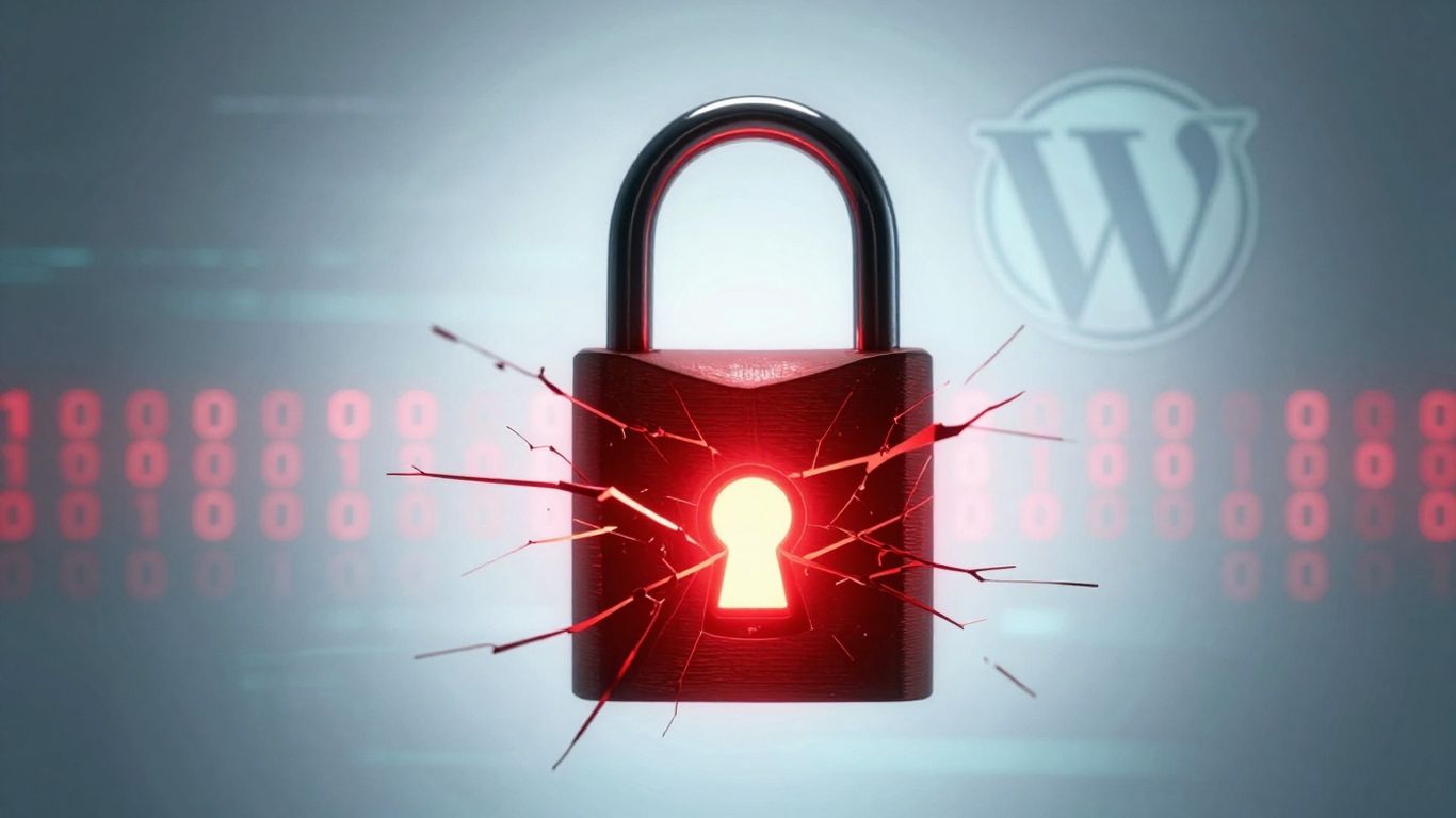 Cracked digital lock with abstract code and WordPress logo.