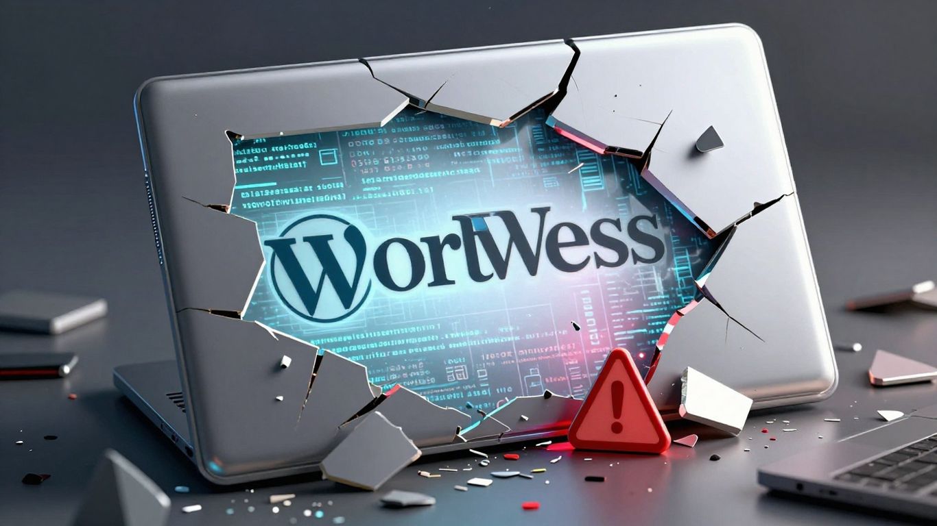 Cracked computer shell with WordPress logo and warning symbol.