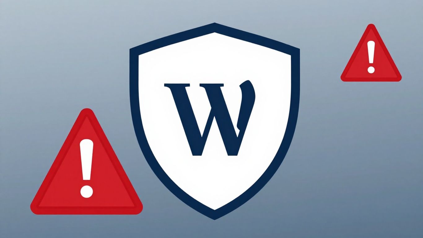 WordPress logo with a security shield and warning symbol.