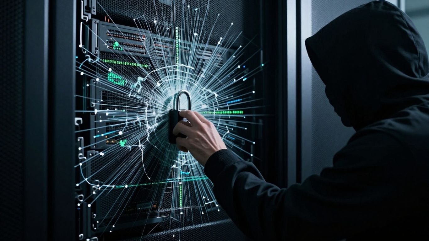 Digital lock cracked, revealing code, shadowy figure behind servers.