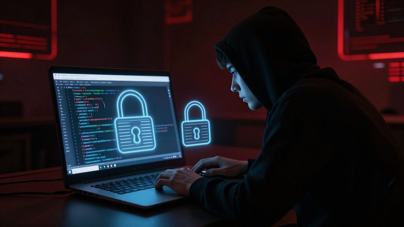 Digital lock breached on a laptop screen.