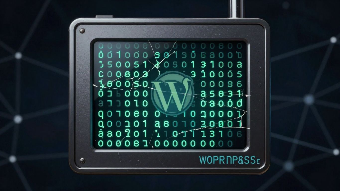 Cracked digital lock with WordPress logo, code visible.